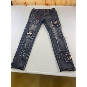 Rebel Vengeance Mens 34 Distressed Patchwork Slim Jeans Dark Wash Skull Skeleton